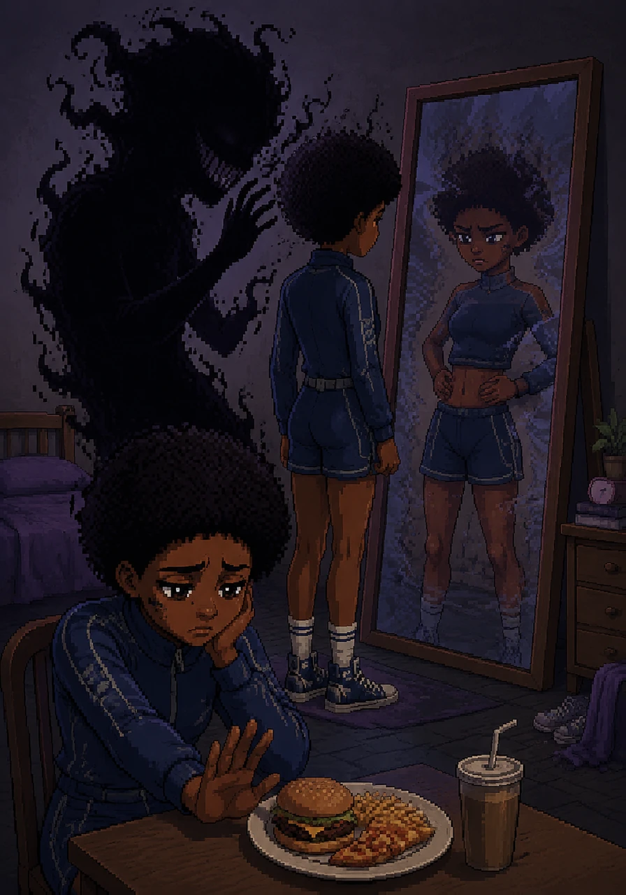 The shadow grows larger, whispering cruel lies that Naomi needs to change her appearance to be worthy. She looks in the mirror and sees a distorted version of herself, leading her to push away her favorite meals and feel a constant, heavy tiredness in her limbs.