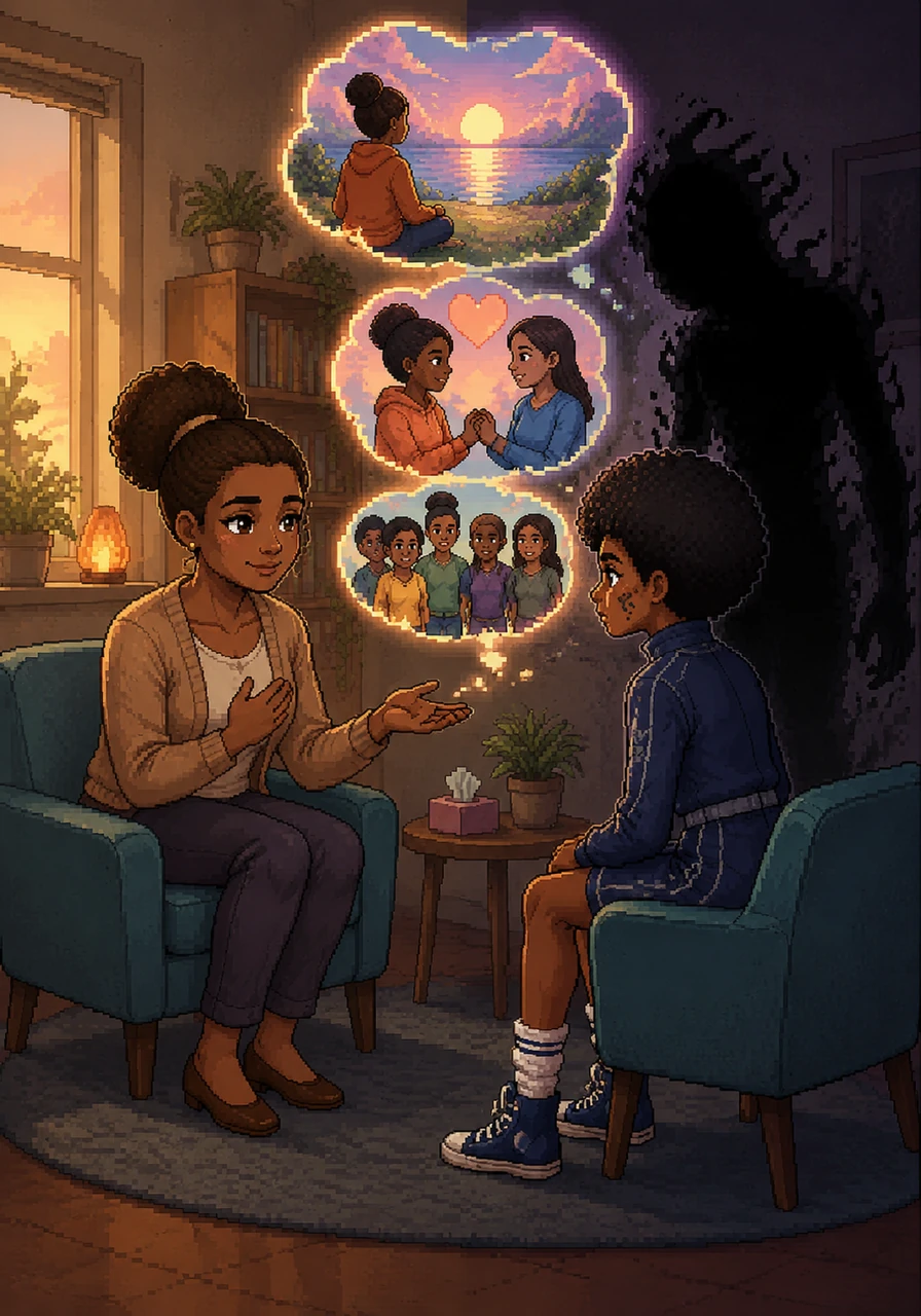 Naomi begins to meet with a kind counselor who teaches her that her value isn't defined by a number or an image. She learns about organizations like Headspace and Beyond Blue, finding comfort in knowing there are many people dedicated to helping her get better.