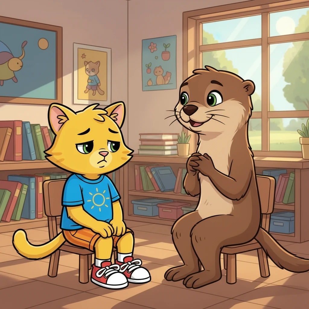 La maestra Amanda, una nutria sabia y comprensiva, notó el cambio en Hugo. Le invitó a hablar y le escuchó atentamente, con una mirada llena de empatía. Hugo se sintió aliviado al poder contar lo que le sucedía.