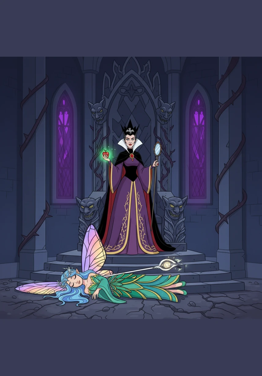 A shadow fell over the land when a wicked woman with a heart of stone claimed the throne. Her dark influence turned the vibrant colors of the forest into shades of grey and gloom, chilling the very air.