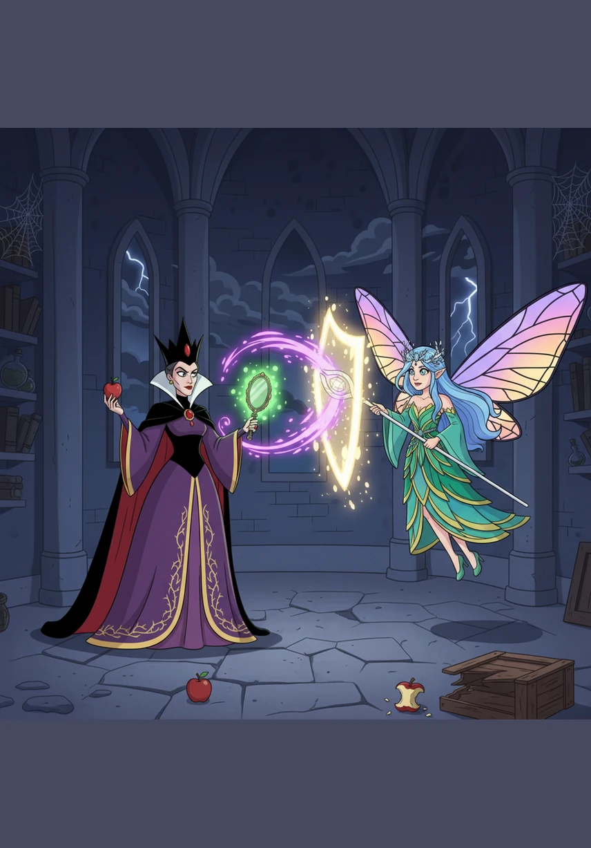 High in her dark tower, the wicked queen watched Elara through a magic mirror and felt a surge of cold jealousy. Fearing the fairy's pure power, she decided to eliminate the stranger before her secrets could be revealed.