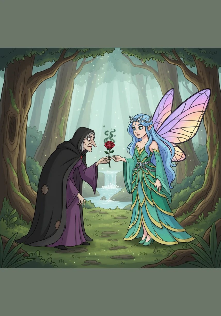 Disguised as a frail old woman, the queen approached Elara and offered her a beautiful but deadly flower laced with a powerful poison. She spoke in a raspy, deceptive voice, hoping to trick the kind-hearted fairy.