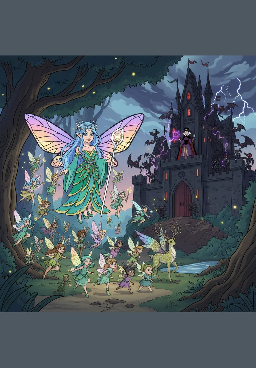 With a rallying cry, Elara gathered the forest creatures and led a brave charge against the queen's dark palace. Together, their combined courage and the fairy's light broke the wicked spells and banished the darkness from the woods forever.
