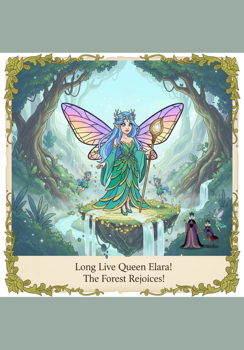 The creatures invited Elara to stay as their new queen, and she accepted with a heart full of joy. Alongside her loving family, she ruled with kindness, ensuring the forest flourished and peace reigned for all eternity.