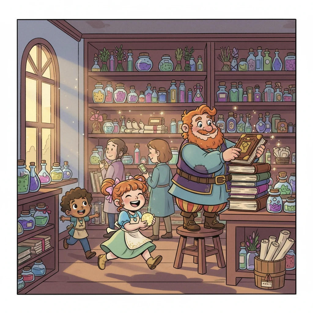 The bustling interior of Arthur Anamdead's cozy magic shop. Sunlight streams through a large window, illuminating shelves overflowing with peculiar ingredients, shimmering potions, and enchanted trinkets. Arthur, a kind-faced man with a friendly smile, is tidily arranging a stack of spellbooks while several energetic children playfully dart between customers. The air hums with a gentle, unseen magic.