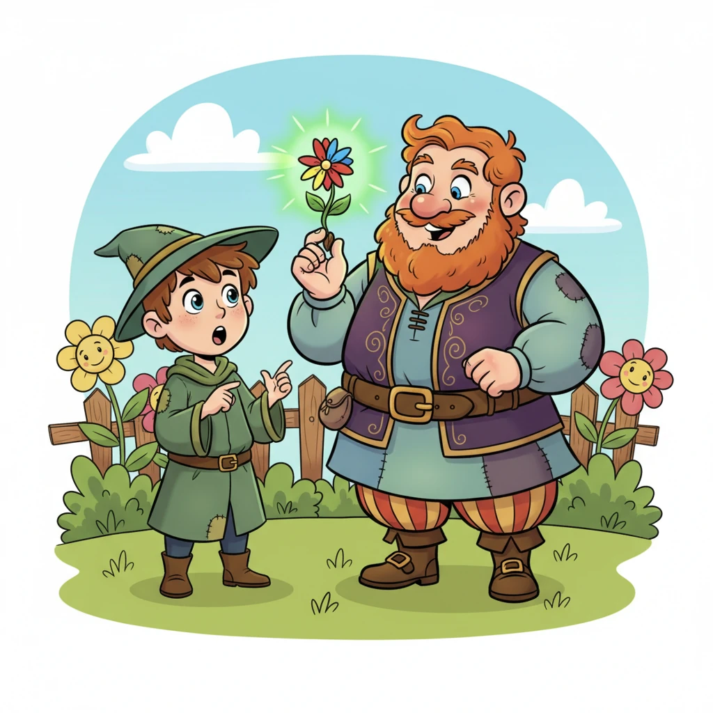 A nervous young wizard approaches Arthur, requesting a simple charm to help his garden grow. With a twinkle in his eye, Arthur takes a tiny seed, whispers a few words, and it instantly sprouts into a miniature, vibrant flower, radiating a soft, green glow. The wizard's eyes widen in amazement, oblivious to the true power just witnessed.