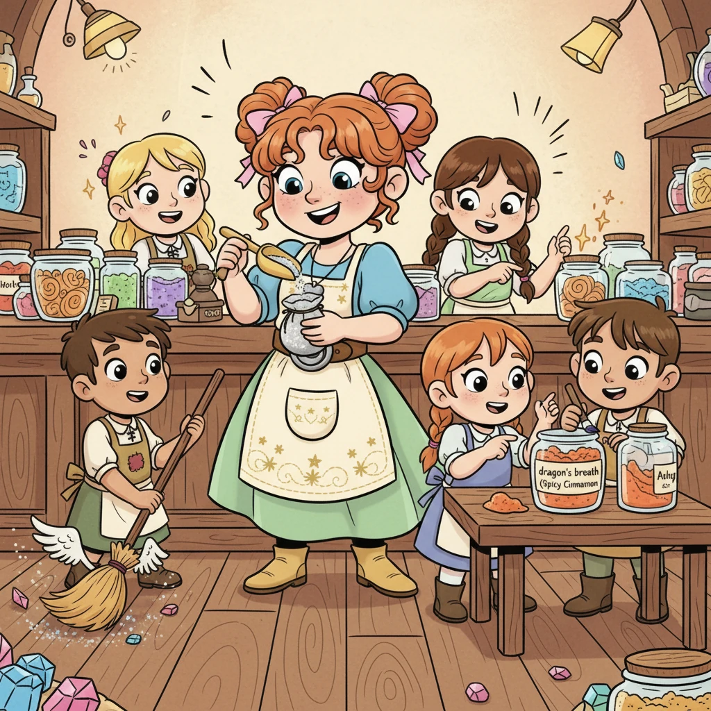 Mary-Anne, Arthur's warm-hearted wife, stands behind a counter, expertly measuring sparkling moonbeam dust into small pouches for a customer. A group of their adopted children are eagerly helping, some sweeping with an enchanted broom that dances on its own, others carefully labeling jars of "dragon's breath" (which is actually just spicy cinnamon). Laughter and chatter fill the air, a testament to their loving, bustling home.