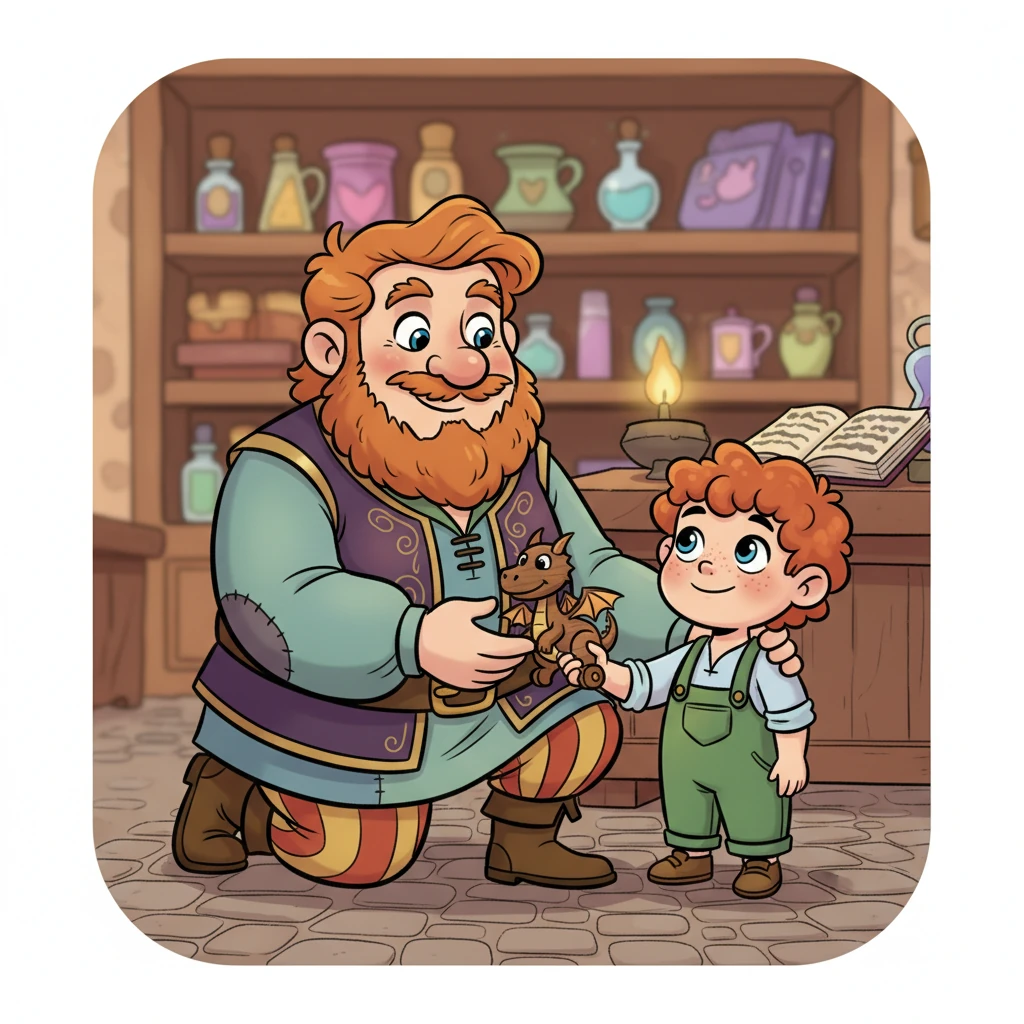 Little Pip, one of the youngest children, gazes longingly at a small, wooden toy dragon. "Daddy," he asks, his voice soft, "could you make a real flying spell for my dragon? Just a tiny one?" Arthur kneels down, his smile gentle, promising to conjure something truly special after closing time.