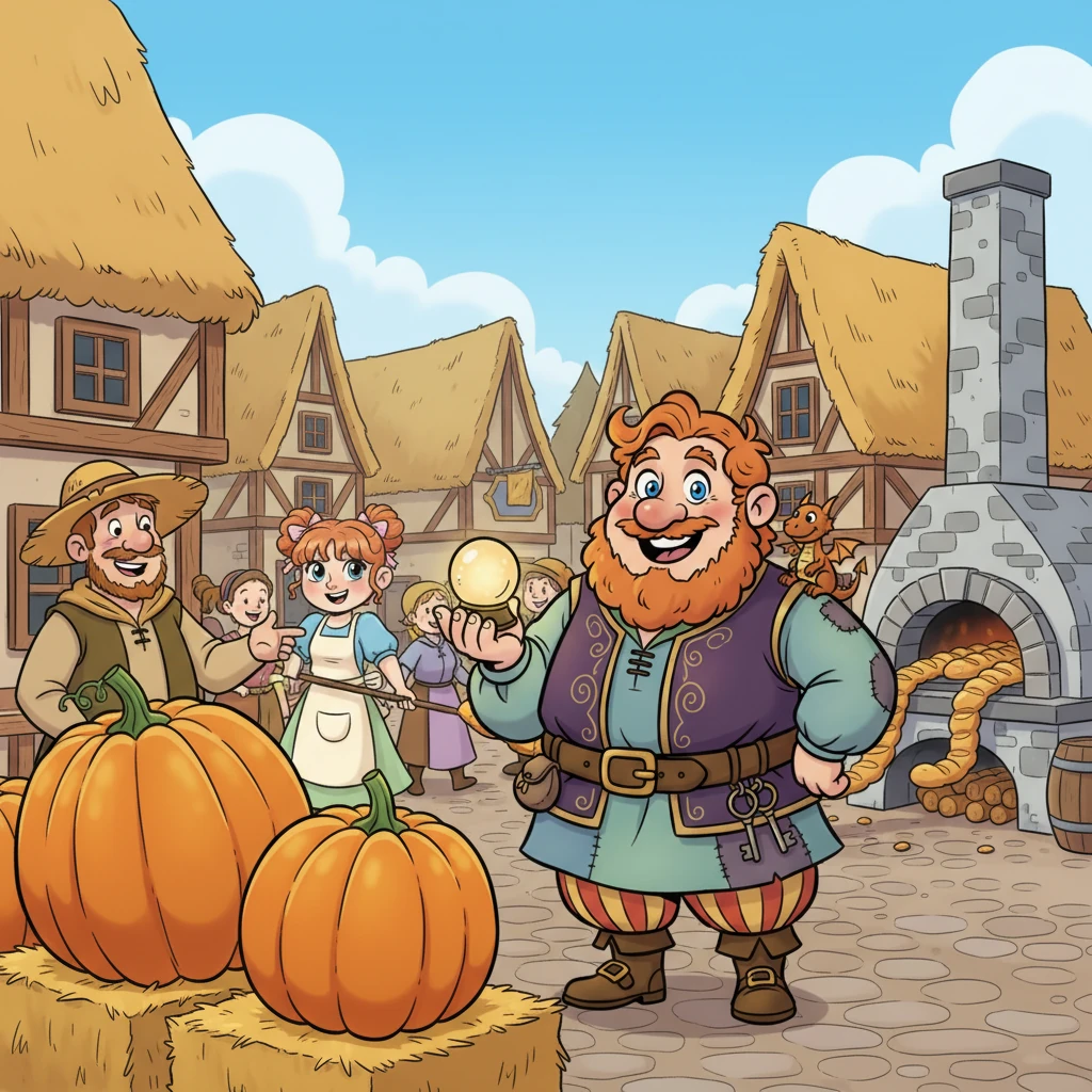 Outside, the town square thrives, a testament to Arthur's subtle, everyday miracles. A farmer beams proudly beside colossal, prize-winning pumpkins, grown from seeds Arthur had "blessed." Nearby, a baker's bread rises perfectly every time, thanks to a "warmth charm" Arthur had once infused into her oven. The townsfolk attribute their good fortune to the kind shopkeeper's lucky touch.