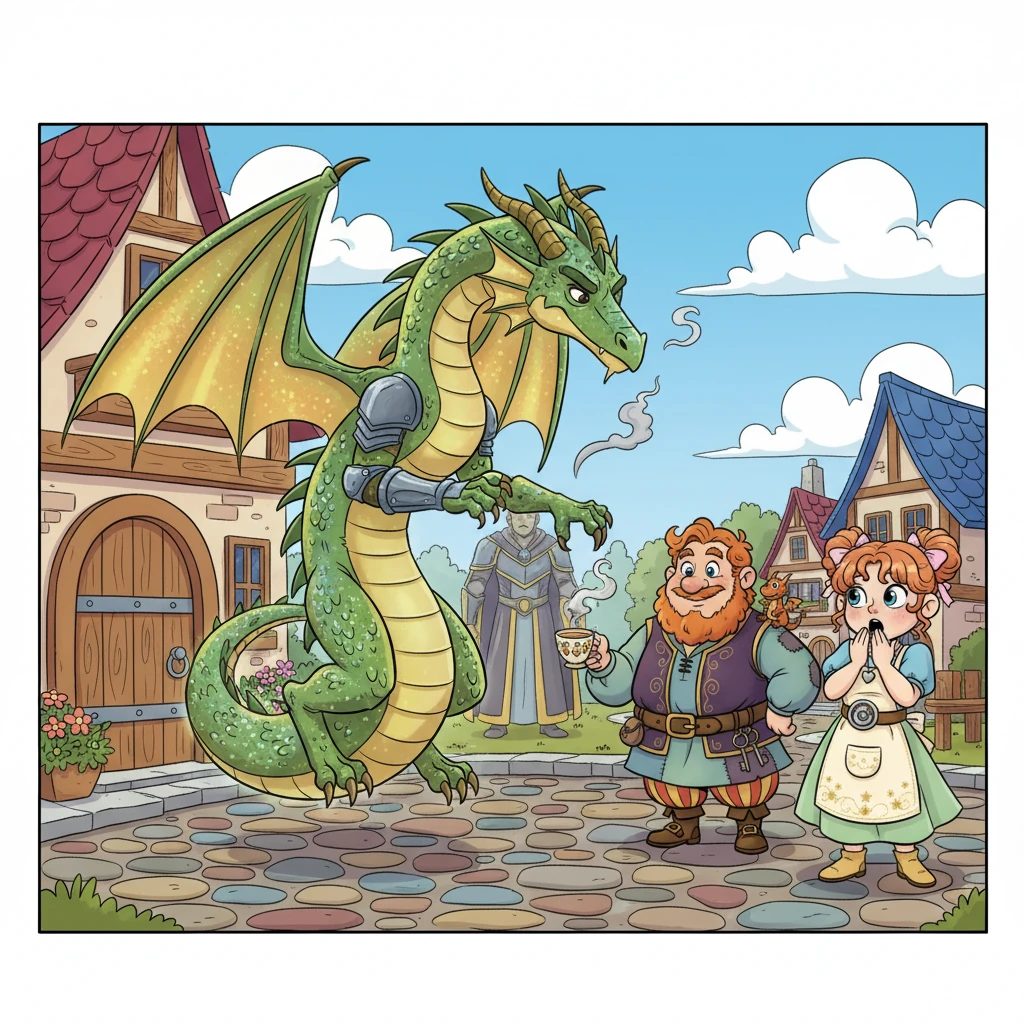 Suddenly, a magnificent, ancient dragon with glittering scales descends gracefully onto the cobblestone street outside the shop, causing a stir. It transforms into a regal, imposing figure, seeking "Arthur Anamdead, the Maker of Gods." The children gasp, but Arthur simply offers a warm cup of herbal tea.