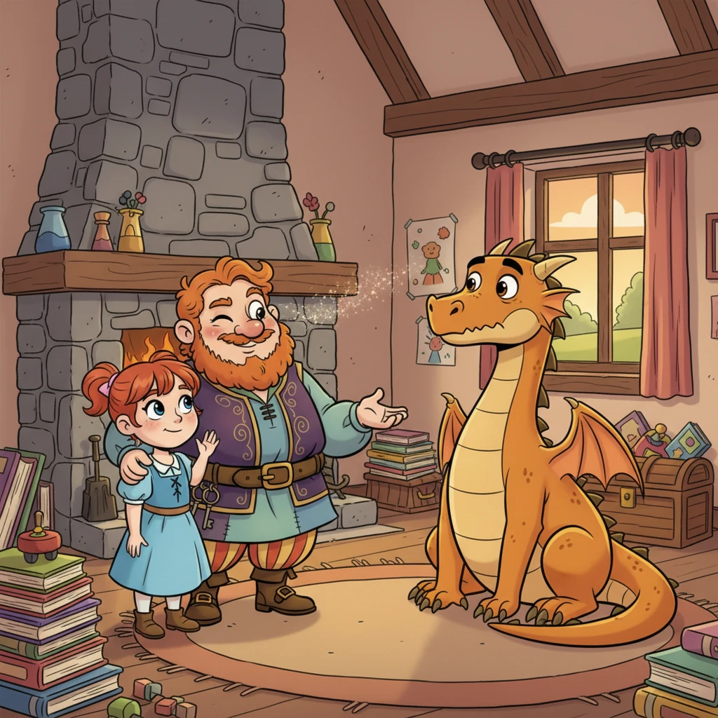 The dragon, now a wise elder, expresses disbelief at Arthur's humble surroundings and simple life. "Are you truly the one who masters all magic, who creates new Pathways?" Arthur chuckles softly, "My greatest magic, dear friend, is creating a loving home for my family. The rest," he winks, "is just good fun and a dash of stardust."