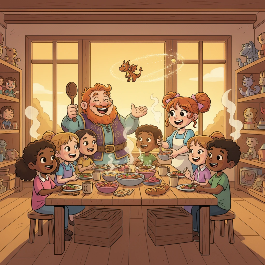 As the sun sets, casting a warm glow over the shop, Arthur, Mary-Anne, and all 100 children gather for a grand, joyful dinner. Pip's toy dragon now zips playfully around the room, guided by the tiny flying spell. The air is thick with love, laughter, and the comforting scent of home-cooked food, proving that the most powerful magic is indeed found in the heart.