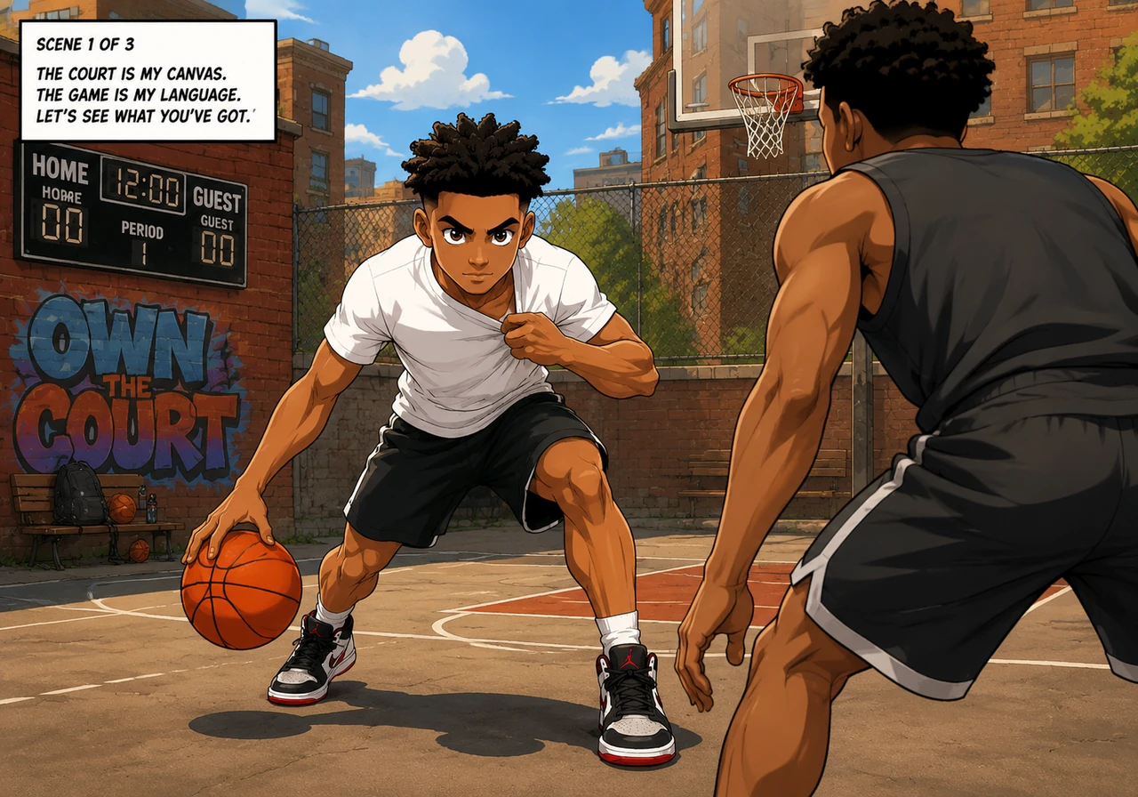 Jax stands on the sun-drenched urban court, the rhythmic thud of the basketball echoing against the surrounding brick walls. He adjusts his white shir