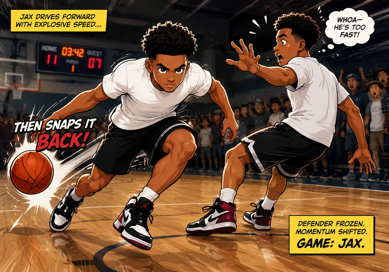 With a sudden, explosive burst of energy, Jax drives forward before snapping the ball back in a lethal crossover move. His black shorts flutter as he