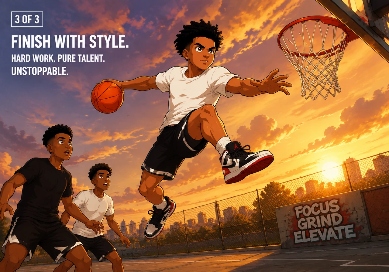 Soaring toward the basket with unmatched confidence, Jax leaves the struggle behind and prepares to finish the play with style. The golden hour light