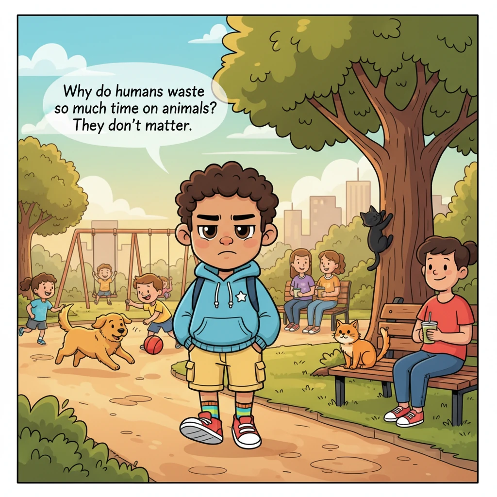 Warm orange sunlight spills over the worn paths of a bustling city park in the late afternoon. Dogs sprint joyfully after balls, while cats lounge lazily on benches and climb trees. Children play, and people laugh and chat, but Anthony walks with his hands in his pockets, a slight shrug and an annoyed expression on his face. He grumbles, "Why do humans waste so much time on animals? They don’t matter."