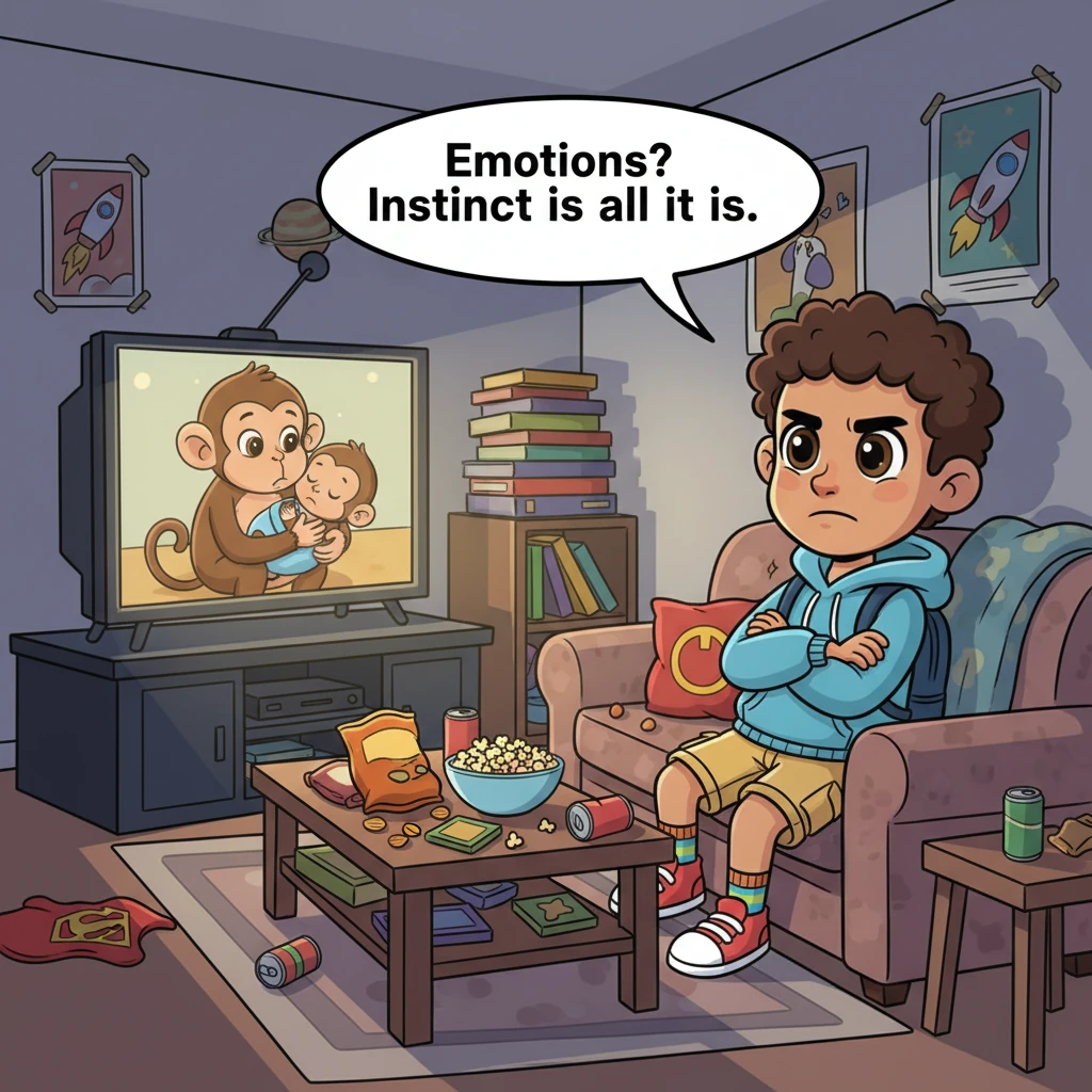 Inside Anthony’s small, cozy, and somewhat cluttered urban apartment, the television glows softly. On the screen, a tender scene unfolds: a monkey cradling its tiny infant. Anthony is slouched on the couch, arms crossed and frowning, surrounded by snacks on the coffee table. He scoffs, "Emotions? Instinct is all it is."