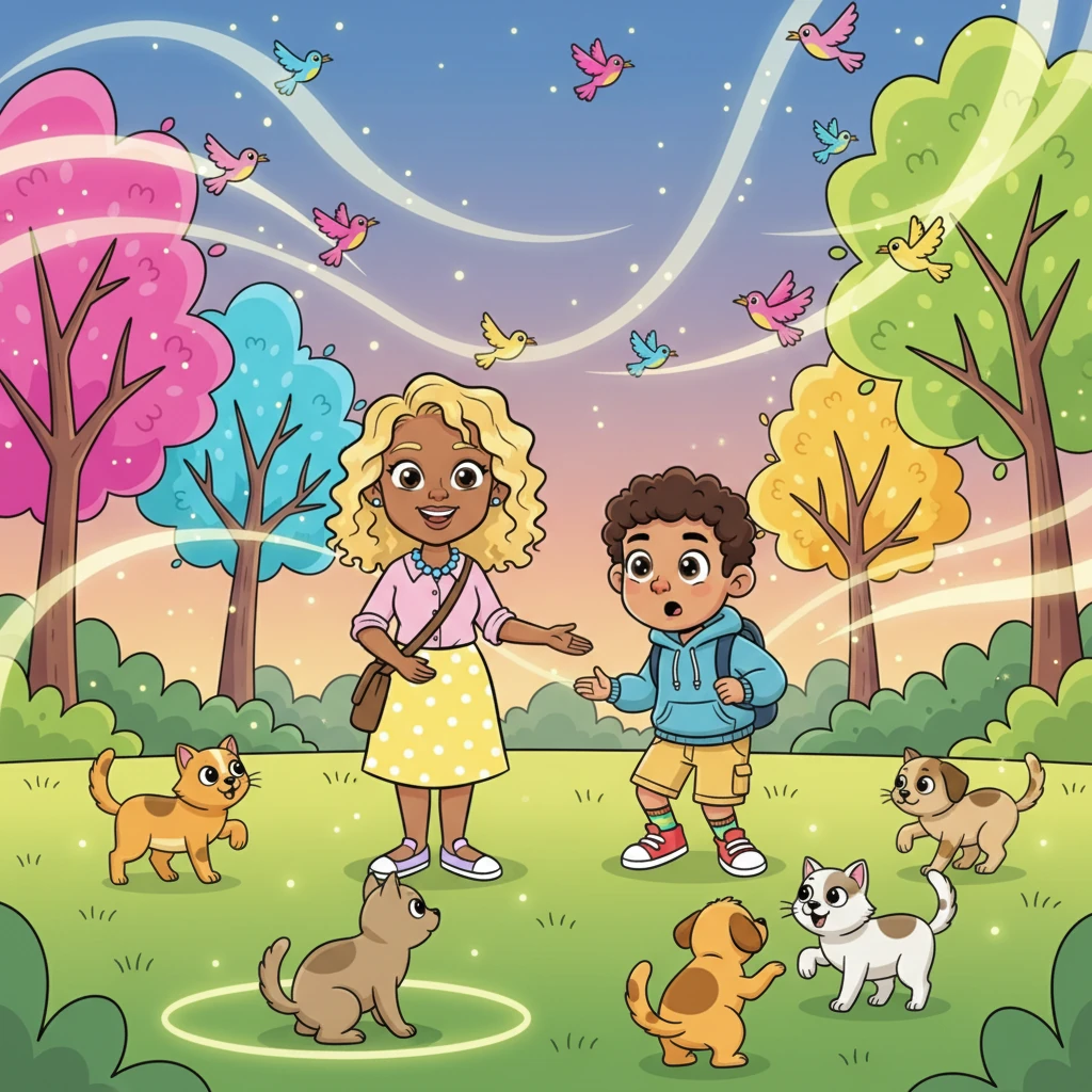 Suddenly, the city park transforms in a shimmering, magical dream. Glowing trees radiate vibrant colors, and birds fly in mesmerizing, rhythmic patterns through the air. Cats and dogs interact playfully, almost dancing, as Barbara J. King appears, calm and friendly, gesturing towards the animated animals. "Anthony, you’ve been seeing the world through human eyes alone," she says gently. "Let me show you another way."