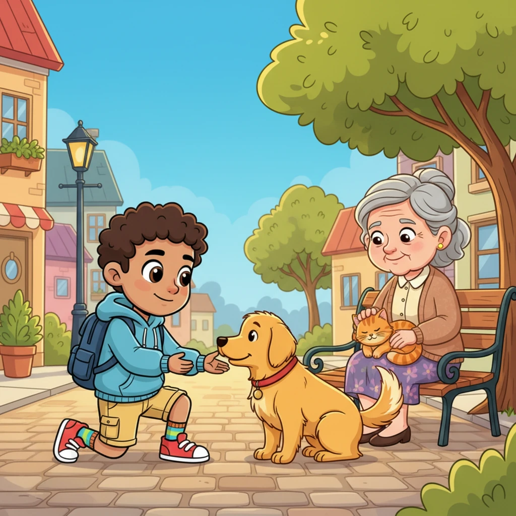 The dream shifts to a vibrant neighborhood street, filled with tender animal-human moments. A loyal dog gently nudges a boy’s hand, seeking a reassuring pat, while a fluffy cat curls contentedly in an elderly woman’s lap. Anthony is now down on one knee, his initial surprise giving way to a new, intriguing curiosity. Barbara explains, "These are pets, Anthony. They teach humans about care, love, and trust."