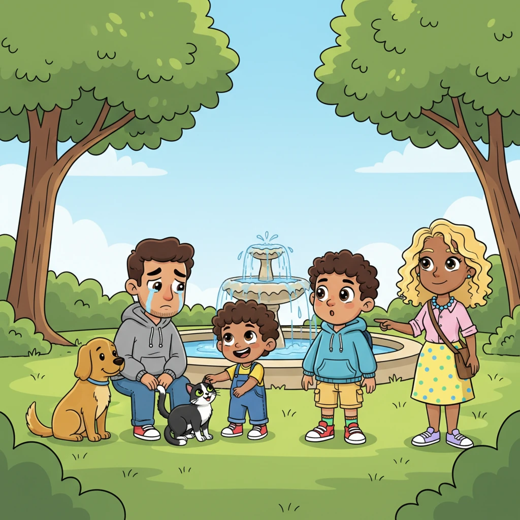 In a sun-dappled fountain area of the park, interactions feel deeply meaningful. A gentle dog softly wags its tail, comforting a sad man with its quiet presence. Nearby, a sleek cat rubs affectionately against a child’s ankle, seeking connection. Anthony watches closely, a dawning realization softening his features as Barbara explains, "This is symbiosis. Humans and animals can help each other. Both benefit."