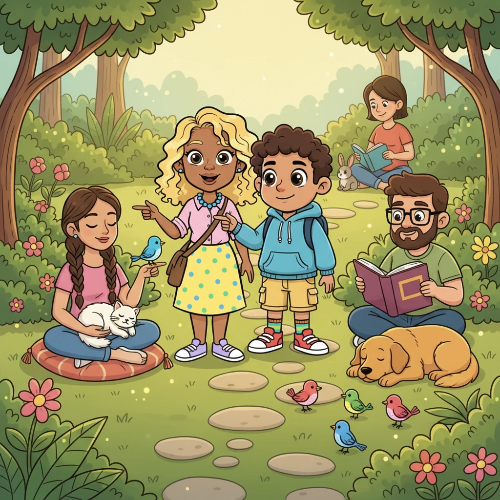 The scene moves to a quiet, peaceful corner of a garden, still imbued with a magical glow. People are reading or meditating, their beloved pets curled calmly beside them, offering silent companionship. Small birds hop fearlessly around, unafraid of the nearby humans. Barbara points to these serene interactions, adding, "It encourages ethical treatment. It improves mental health. It helps prevent diseases that move between animals and humans."