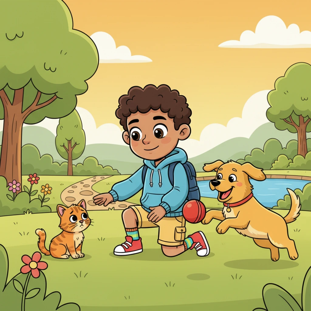 Back in the now familiar and welcoming dream park, a profound transformation takes place within Anthony. He kneels gently next to a nervous cat, slowly extending his hand to pet it, a soft smile gracing his lips. With joyful enthusiasm, he tosses a bright ball to a happy, bouncing dog. "I see now," Anthony declares, his voice full of wonder. "Humans aren’t the only ones who feel. Animals have emotions too."