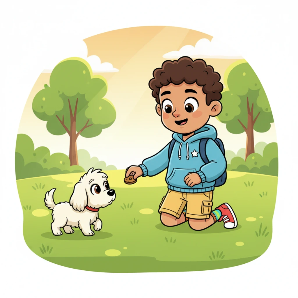 Anthony pauses in a sunny spot in the park, his heart open to the world around him. A small, fluffy dog, curious and a little cautious, approaches him, its tail giving a tentative wag. Anthony kneels down, gently offering a small treat with a kind, open expression. "Hello there, little one," he murmurs softly. "You're a good dog, aren't you?"