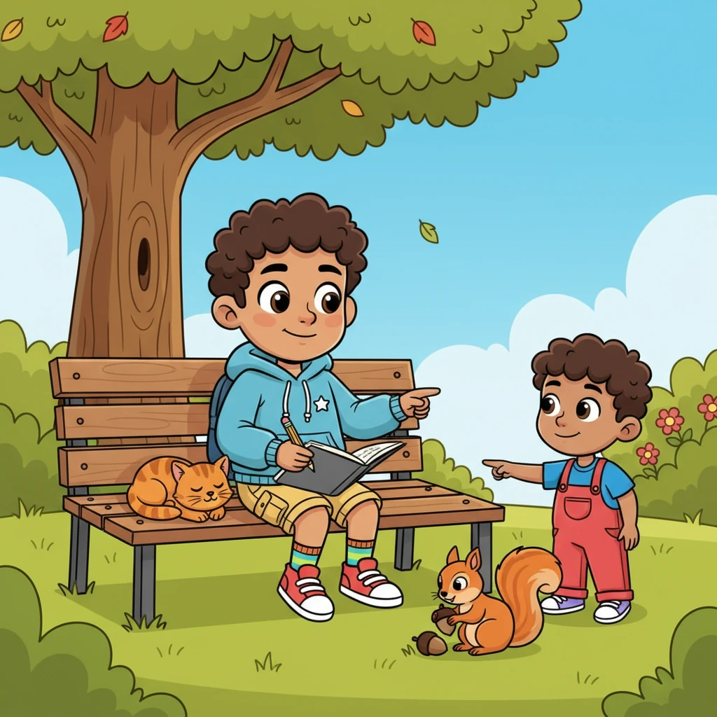 Later, Anthony sits on a park bench, sketching peacefully in his notebook, a contented cat dozing beside him. A small child, eyes wide with wonder, approaches to observe a busy squirrel. Anthony points to the creature, explaining something with a warm smile, and the child looks up, listening intently, understanding dawning in their own eyes. "Every creature has a story," Anthony shares, "a feeling, a special place in our world."