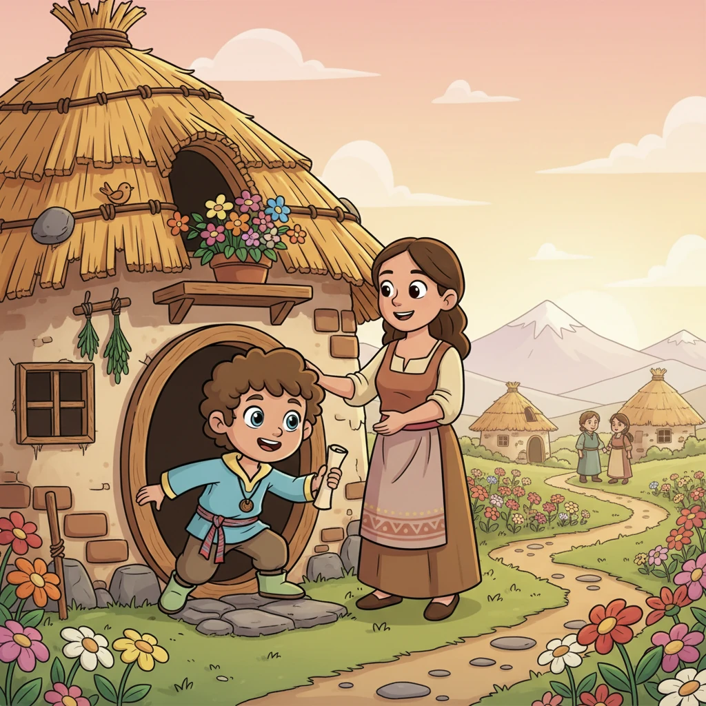 In a small, cheerful village, young Rohan lived with his loving mother in their cozy, if a little worn-out, hut. Despite their simple life, Rohan's eyes always held a spark of curiosity and hope, dreaming of a world beyond their tiny home.