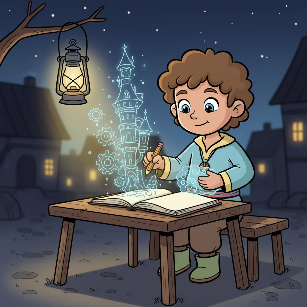 Even after a long day of work, Rohan loved to study under the soft glow of a lantern, often with a rumbling tummy. He would imagine grand buildings and clever machines, his spirit unwavering despite the hunger, fueled by dreams of learning.