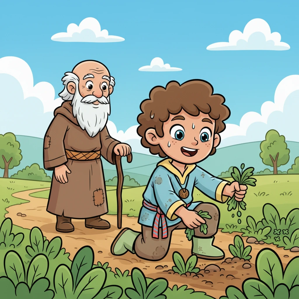 One sunny afternoon, while diligently weeding a field, Rohan caught the eye of a kind old man passing by. The man observed Rohan's tireless efforts and genuine smile, deeply impressed by the boy's determination.