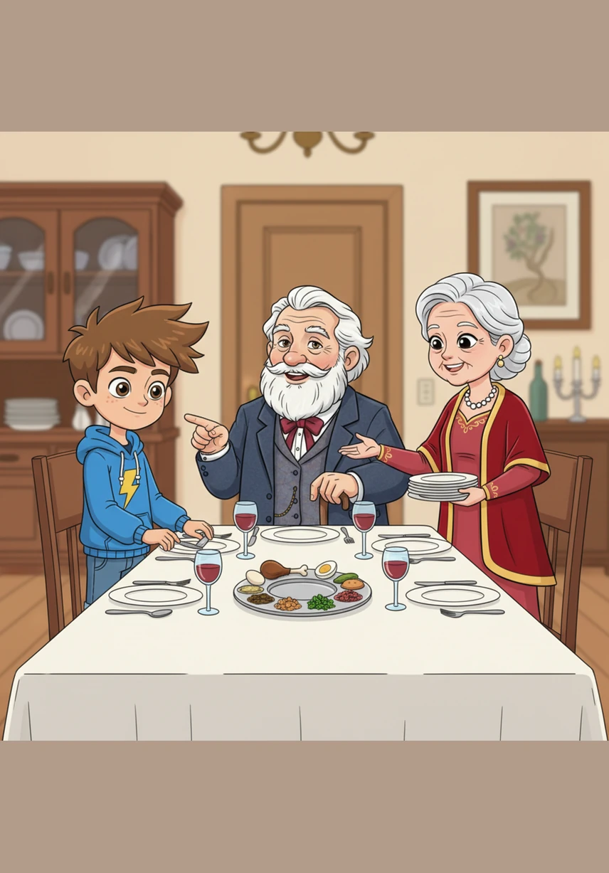 Ari helps his mother set the long dining table with a crisp white cloth and sparkling silver. In the center sits the Seder plate, filled with symbolic foods like a roasted bone, a hard-boiled egg, and bitter herbs.