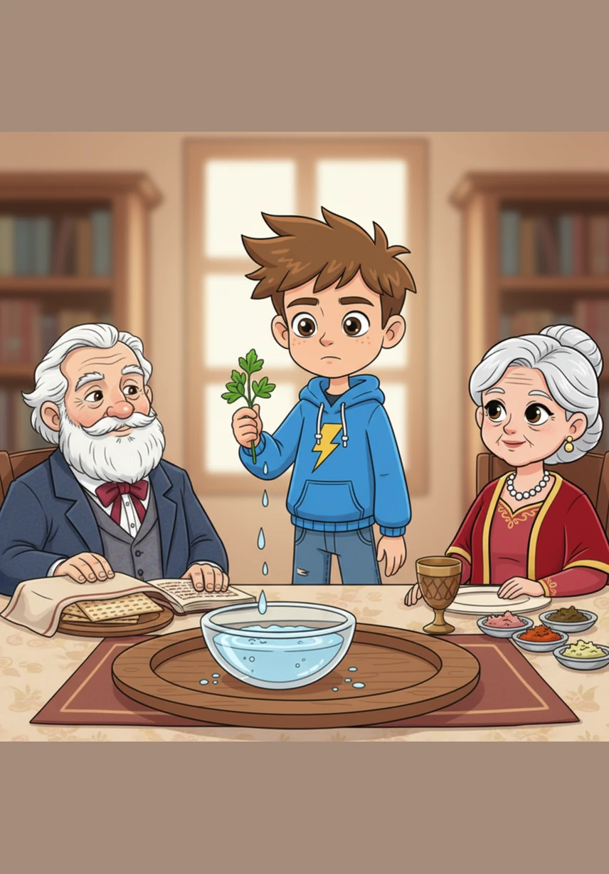 Ari dips a sprig of green parsley into a bowl of salt water, remembering the tears of his ancestors in Egypt. The salty taste reminds him that even in spring's new growth, we must never forget the hardships of the past.
