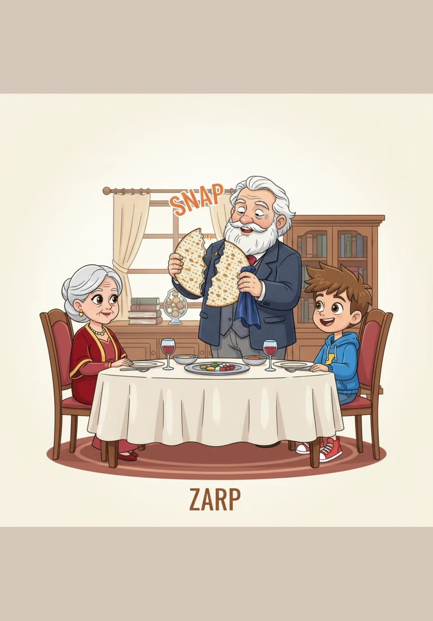 Zayde takes the middle piece of Matzah and breaks it in two with a crisp, loud snap. He wraps the larger half in a silk napkin and secretly hides it away, sparking a mischievous and excited glint in Ari’s eyes.
