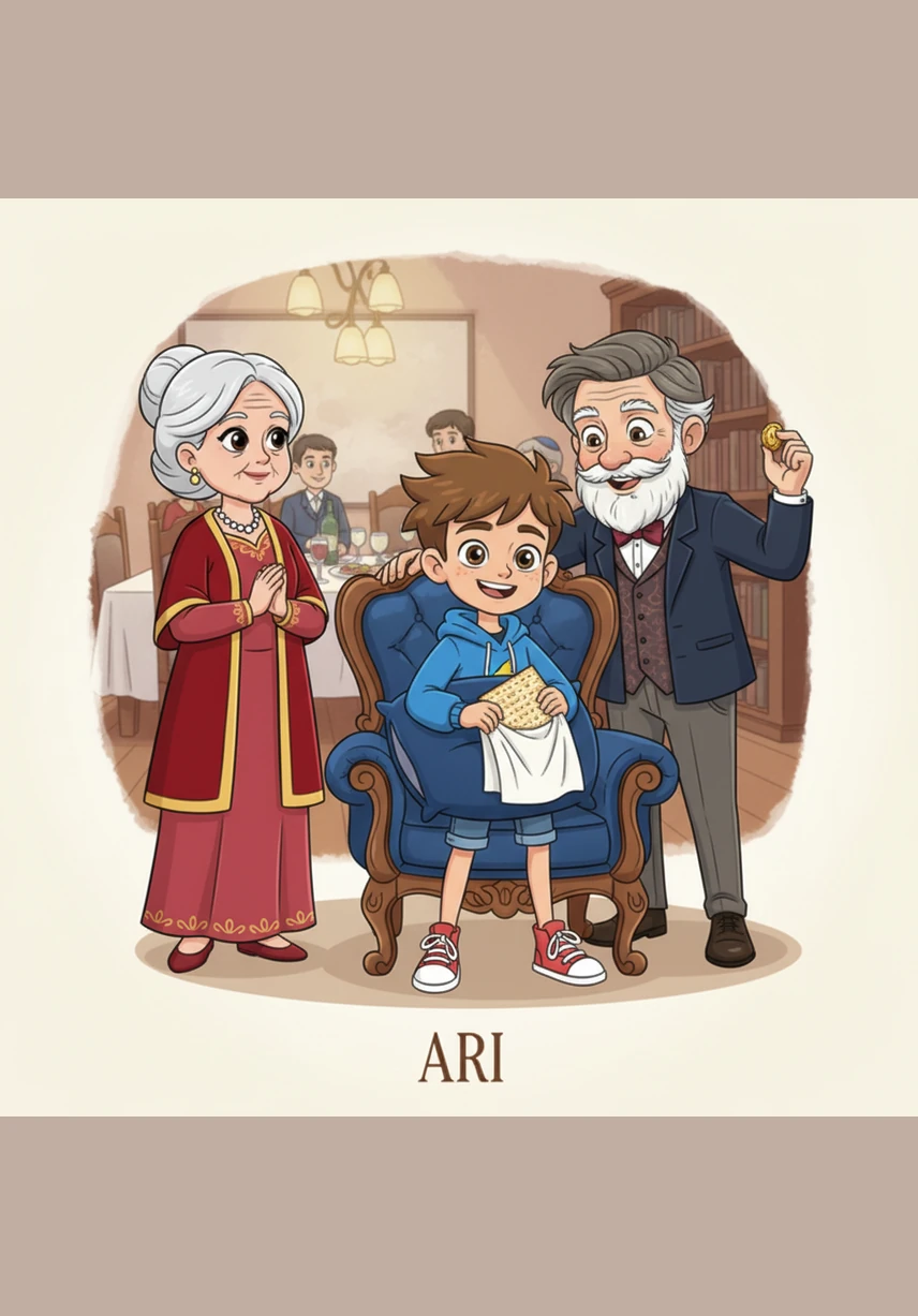 After the festive meal, the grand hunt begins as Ari searches every corner of the living room for the hidden Afikomen. He finally finds the wrapped Matzah tucked behind a velvet pillow, winning a small prize and a big hug from Zayde.