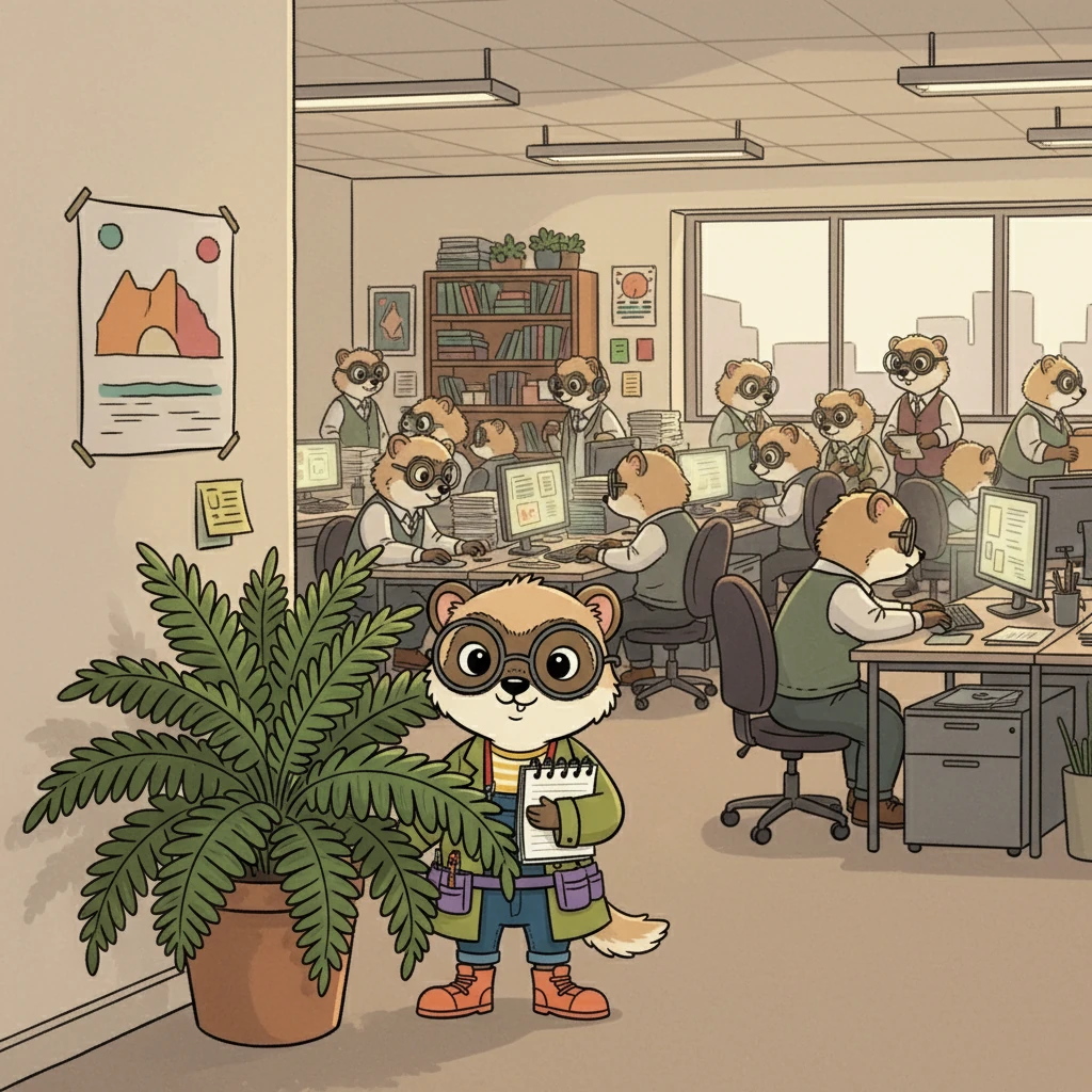 Séverine, une petite fouine aux grands yeux, venait d'arriver dans une grande entreprise. Elle était timide et préférait rester seule, cachée dans un coin de son bureau. Les autres fouines semblaient toutes très occupées, et Séverine n'osait pas s'approcher.