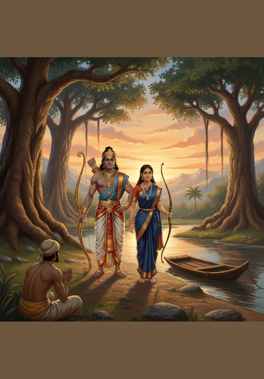 In a land of shimmering rivers and ancient trees, a magical story begins to unfold. Golden birds chirp in the canopy as the sun paints the sky with hues of saffron and rose, inviting us into a legendary world.