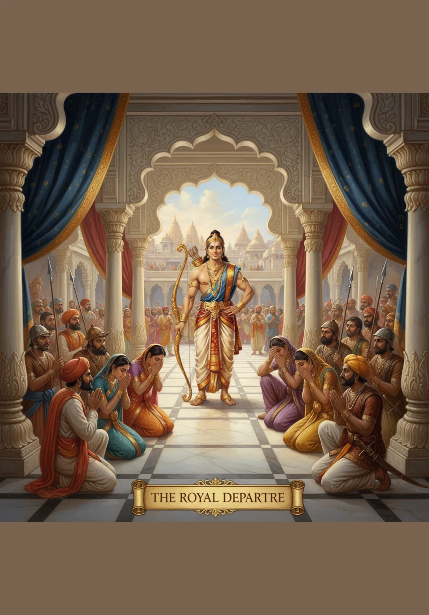 In the magnificent kingdom of Ayodhya, King Dasharatha lived in a palace that sparkled like a jewel. His eldest son, Prince Rama, was the pride of the city, known for his gentle smile and his heart of pure gold.