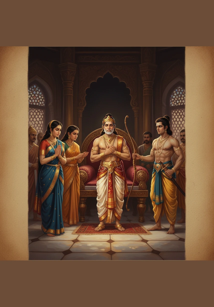 One day, a shadow fell over the palace when Queen Kaikeyi asked the King to send Rama away to the forest for fourteen years. Though his heart was heavy, Rama agreed with a calm smile to honor his father's word and keep the peace.