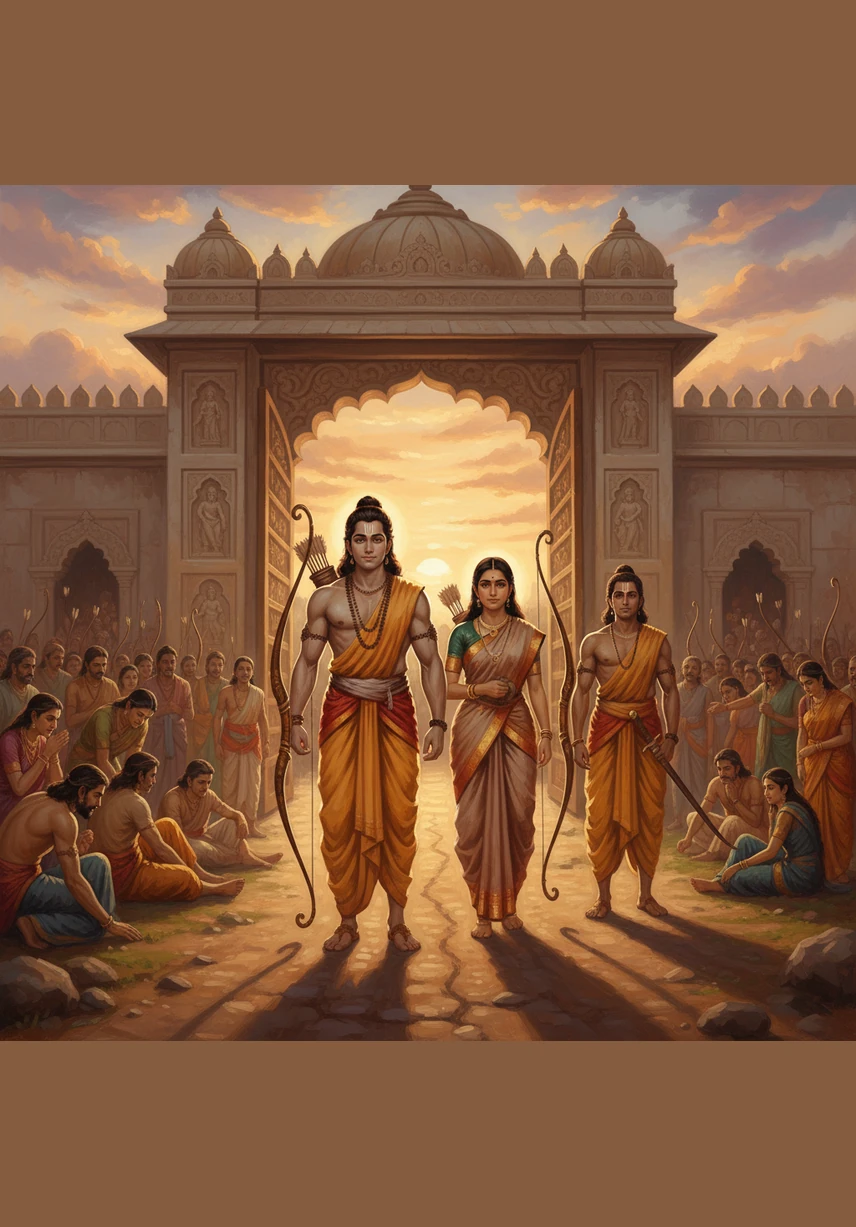 As the sun rose over the palace walls, Rama prepared to leave his royal life behind. He was not alone, for his devoted wife Sita and his brave brother Lakshmana chose to walk by his side into the unknown.