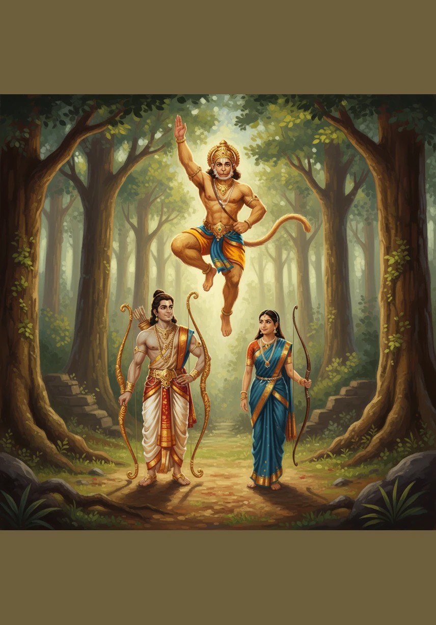 Deep in the woods, they met a remarkable new friend named Hanuman, the mighty and clever monkey hero. With a joyful leap and a loyal heart, Hanuman vowed to help Rama on his grand journey.