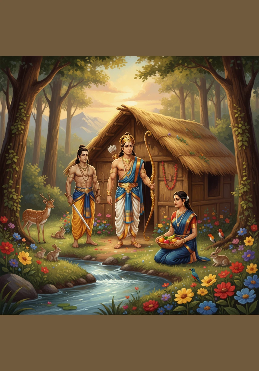 Together, they built a simple home by a sparkling stream, surrounded by colorful flowers and friendly animals. Sita gathered sweet fruits while Rama and Lakshmana protected their peaceful forest sanctuary with courage.