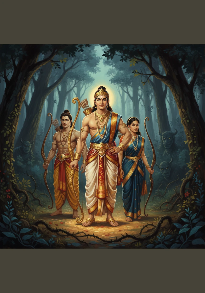 Even when the forest grew dark and challenges arose, Rama stood tall with his bow and his unwavering spirit. He proved that true strength comes from being honest, brave, and always doing what is right.