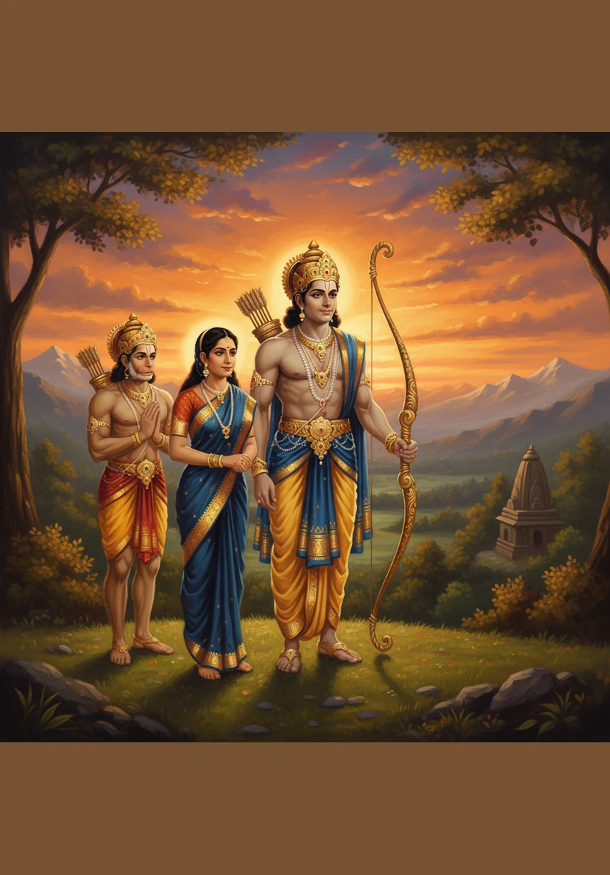 As the sun sets in a blaze of orange and purple, the story of Rama shines as a light for everyone. It teaches us that with love in our hearts and courage in our souls, we can overcome any obstacle life brings.