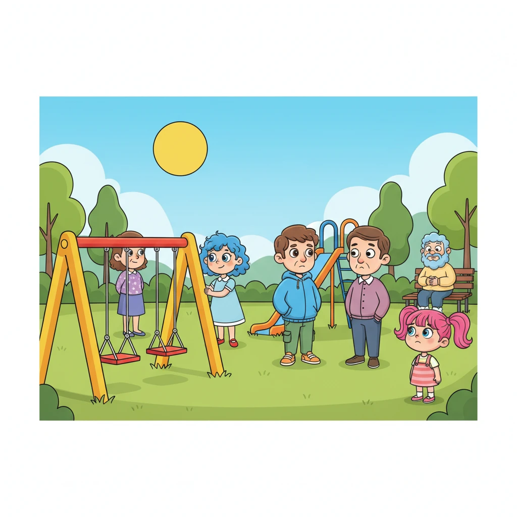 Мир был ярким и полным взрослых. В парках стояли качели, но никто на них не качался. Детские площадки были совершенно неподвижны, их красочные горки блестели под солнцем, ожидая смеха, который так и не приходил. Взрослые ходили с тихим гулом, их лица были добрыми, но немного задумчивыми, скучая по чему-то драгоценному, что они не могли точно назвать.