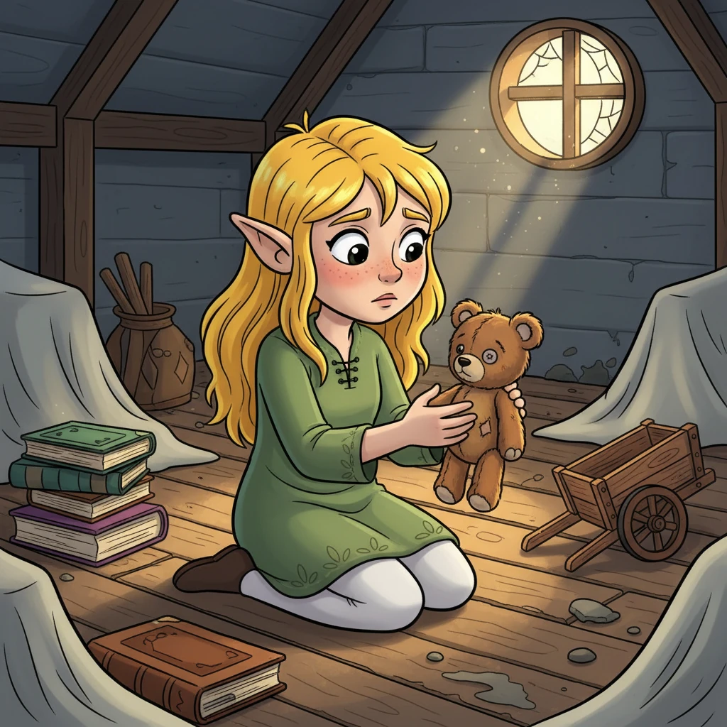 Среди эльфов жила юная Лира, чье сердце было таким же ярким, как ее золотые волосы. Она любила исследовать, но каждая пустая песочница и безмолвная игрушечная тележка вызывали у нее тоску. Однажды она нашла крошечного, пыльного плюшевого мишку, спрятанного на старом чердаке, и задумалась о маленьких ручках, которые когда-то обнимали его.