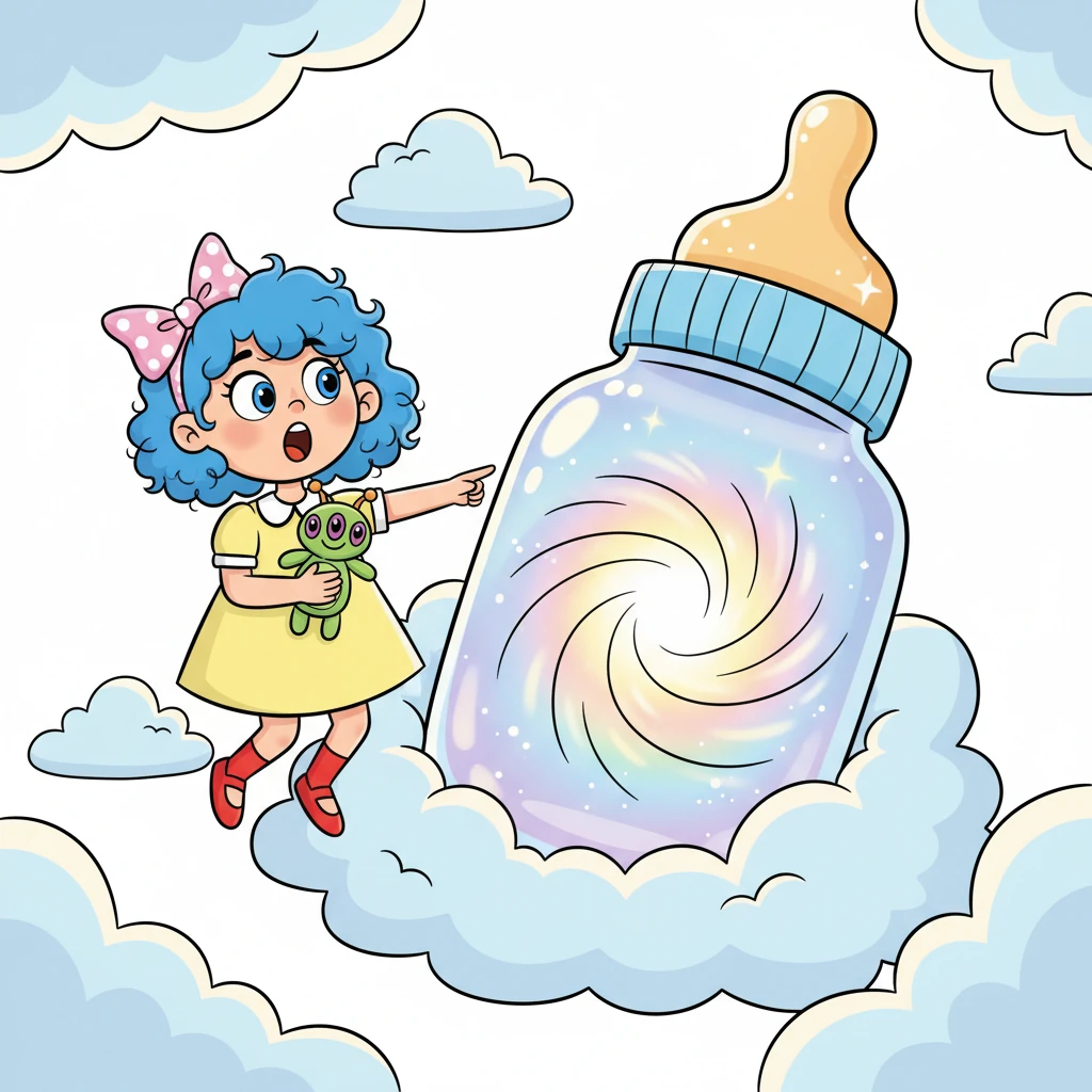 Наконец, после нескольких дней пути, Лира заметила это: колоссальная, сверкающая детская бутылочка, уютно устроившаяся среди пушистых облаков, с соской, представляющей собой большой, закрученный вход! Она пульсировала мягким, веселым светом, явно обозначая скрытые врата в Baby Corp.