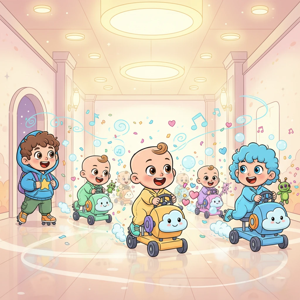 Войдя внутрь, Лира ахнула. Воздух жужжал от счастливого гуления и крошечных шагов! Младенцы в свежих, миниатюрных костюмах носились на роликовых коньках, управляя огромными машинами по распространению радости. Каждый младенец выглядел занятым, важным и невероятно довольным.