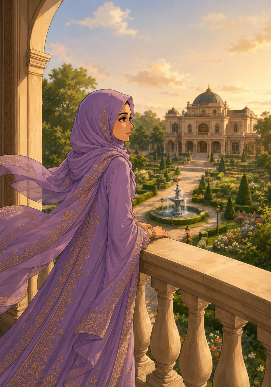 Zoya stood on her balcony, her silk hijab fluttering in the gentle breeze as she looked out over the sprawling gardens of her family's grand estate. From her high vantage point, the world seemed orderly and quiet, yet she felt a restless yearning for a life beyond the gilded gates of her wealth.