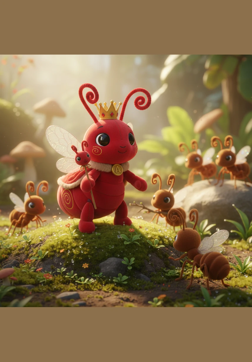 Queen Ms. Ally, a radiant red ant with shimmering wings, stands upon a sun-drenched mossy hill. She searches for the perfect patch of soft earth to begin her legacy, her eyes bright with the dream of a grand kingdom.